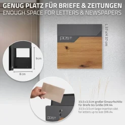 Standbriefkasten mit Zeitungsfach 37x37x11 cm Anthrazit/Holzoptik aus Edelstahl ML-Design-ECD Germany Online