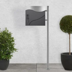 Standbriefkasten mit Zeitungsfach 37 cm Anthrazit/Silber inkl. Ständer 120 cm hoch Silber Briefkasten freistehend-ECD Germany