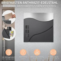 Standbriefkasten mit Zeitungsfach 37 cm Anthrazit/Silber inkl. Ständer 120 cm hoch Silber Briefkasten freistehend-ECD Germany