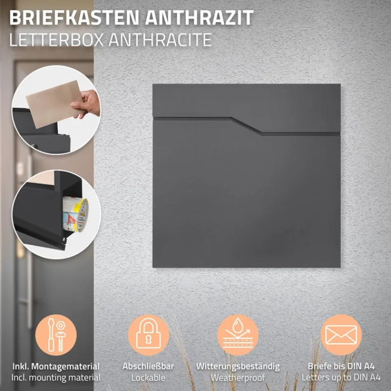Standbriefkasten mit Zeitungsfach 37x37x11 cm Anthrazit aus Edelstahl ML-Design-ECD Germany Hot