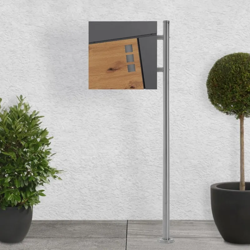 Standbriefkasten mit Zeitungsfach 37x36,5x11 cm Anthrazit/Holzoptik aus Stahl ML-Design, Modernes Asymetrisches Design, Standhöhe 120 cm Silber-ECD Germany Outlet