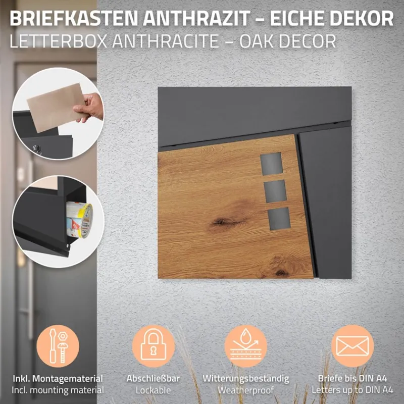Standbriefkasten mit Zeitungsfach 37x36,5x11 cm Anthrazit/Holzoptik aus Stahl ML-Design, Modernes Asymetrisches Design, Standhöhe 120 cm Silber-ECD Germany Outlet