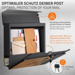 Standbriefkasten mit Zeitungsfach 37x36,5x11 cm Anthrazit/Holzoptik aus Stahl ML-Design, Modernes Asymetrisches Design, Standhöhe 120 cm Silber-ECD Germany Outlet