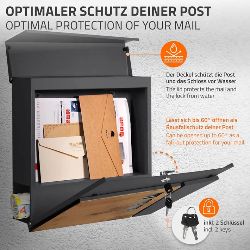 Standbriefkasten mit Zeitungsfach 37x36,5x11 cm Anthrazit/Holzoptik aus Stahl ML-Design, Modernes Asymetrisches Design, Standhöhe 120 cm Silber-ECD Germany Outlet
