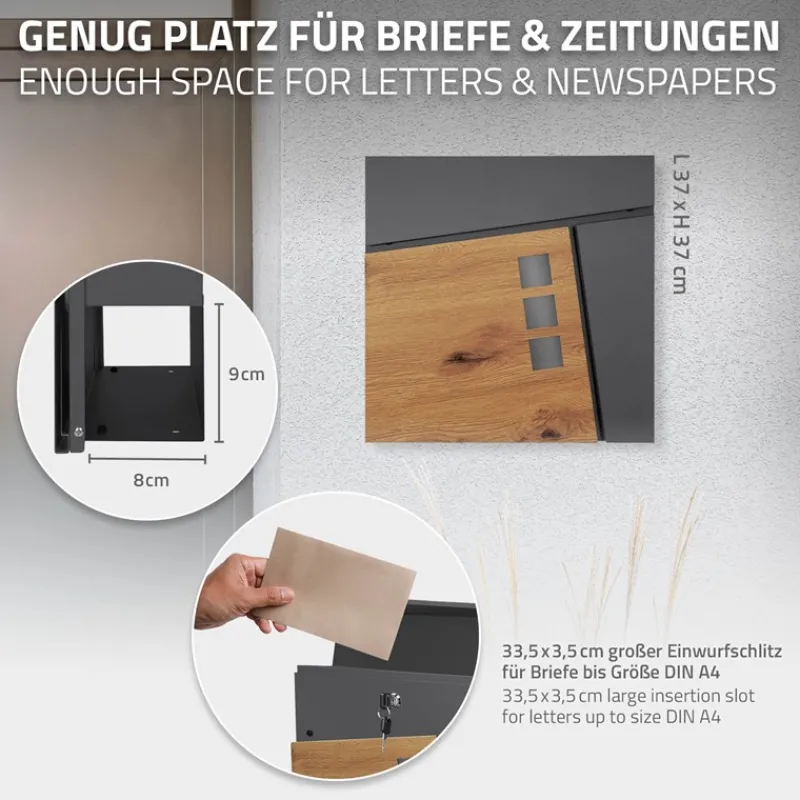 Standbriefkasten mit Zeitungsfach 37x36,5x11 cm Anthrazit/Holzoptik aus Stahl ML-Design, Modernes Asymetrisches Design, Standhöhe 120 cm Silber-ECD Germany Outlet
