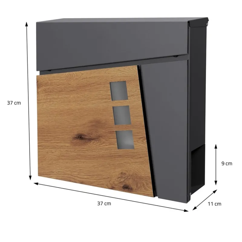 Standbriefkasten mit Zeitungsfach 37x36,5x11 cm Anthrazit/Holzoptik aus Stahl ML-Design, Modernes Asymetrisches Design, Standhöhe 120 cm Silber-ECD Germany Outlet