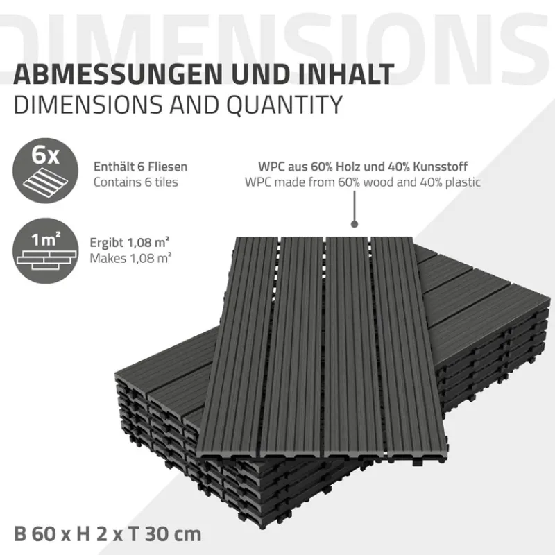 Terrassenfliesen 60x30 cm 6er Set für 1m² Anthrazit aus WPC-ECD Germany Best