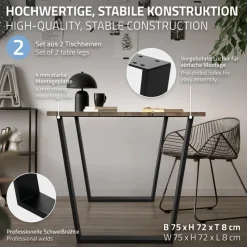 Tischbeine Tischgestell 2er Set V-Design 75 x 72 cm schwarz matt aus Stahl ML-Design-ECD Germany New