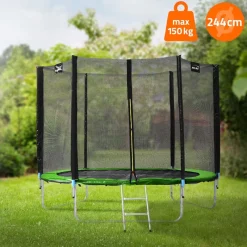 Trampolin Ø244 cm mit Sicherheitsnetz, Leiter und gepolsterten Stangen Grün bis 150kg HAUKI-ECD Germany Discount