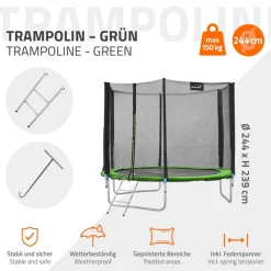 Trampolin Ø244 cm mit Sicherheitsnetz, Leiter und gepolsterten Stangen Grün bis 150kg HAUKI-ECD Germany Discount