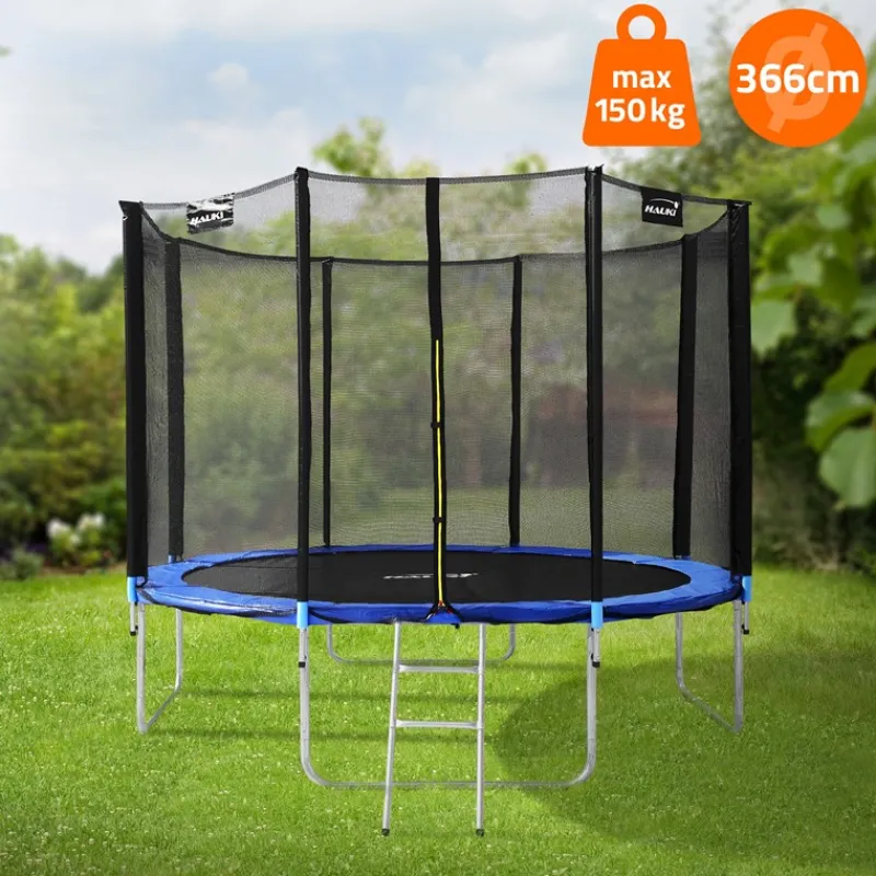 Trampolin Ø366 cm mit Sicherheitsnetz, Leiter und gepolsterten Stangen Blau bis 150kg HAUKI-ECD Germany Clearance