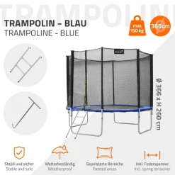 Trampolin Ø366 cm mit Sicherheitsnetz, Leiter und gepolsterten Stangen Blau bis 150kg HAUKI-ECD Germany Clearance