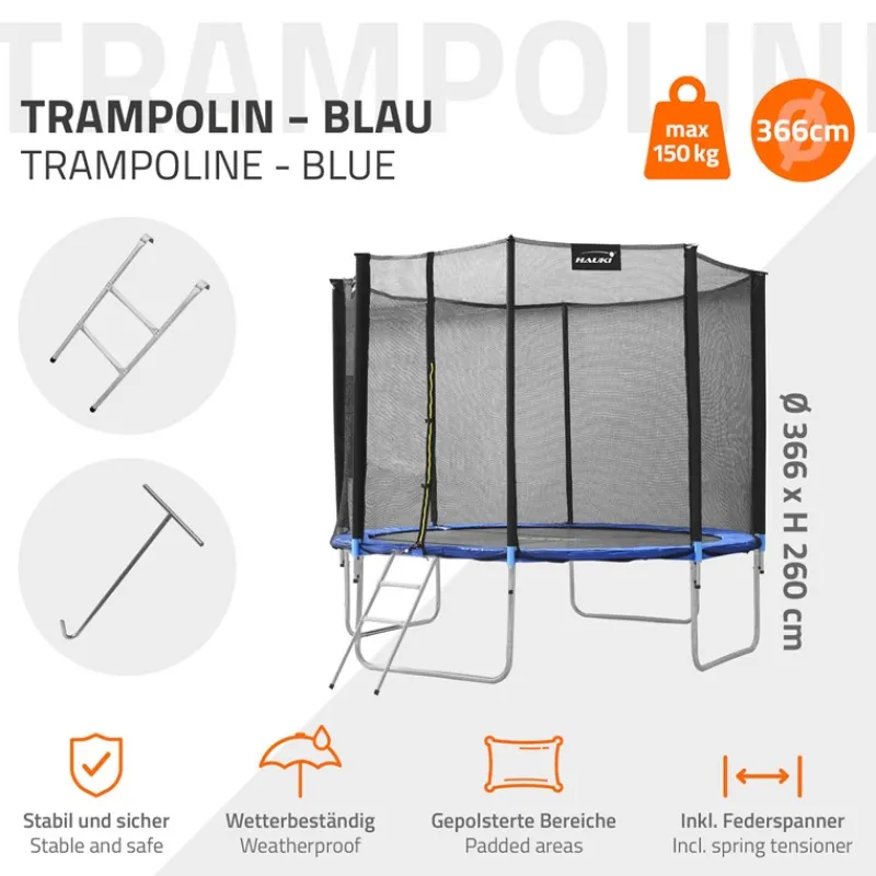 Trampolin Ø366 cm mit Sicherheitsnetz, Leiter und gepolsterten Stangen Blau bis 150kg HAUKI-ECD Germany Clearance