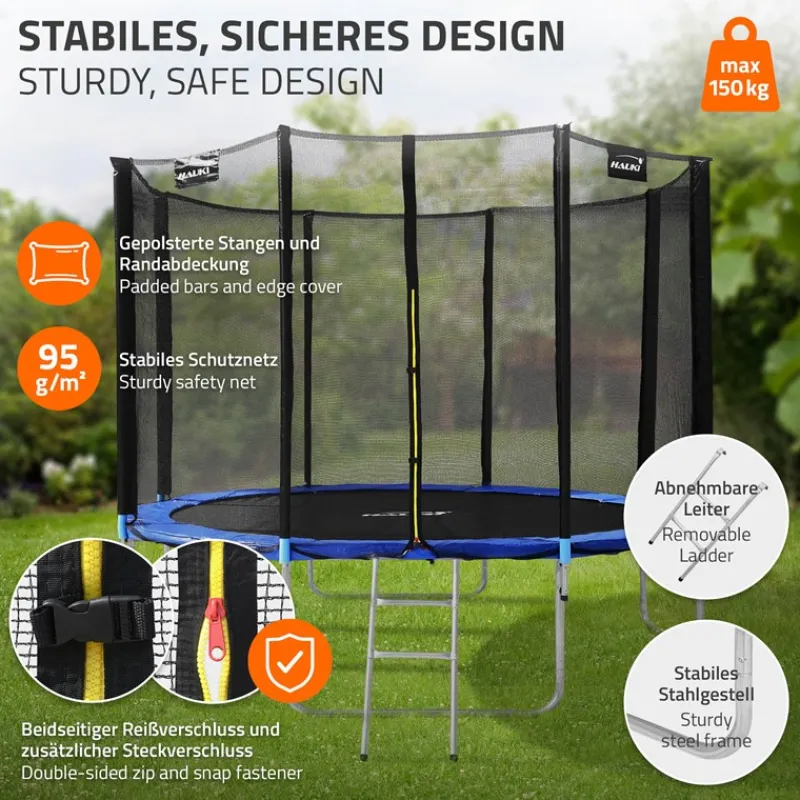 Trampolin Ø366 cm mit Sicherheitsnetz, Leiter und gepolsterten Stangen Blau bis 150kg HAUKI-ECD Germany Clearance