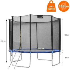 Trampolin Ø366 cm mit Sicherheitsnetz, Leiter und gepolsterten Stangen Blau bis 150kg HAUKI-ECD Germany Clearance