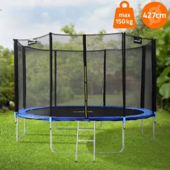 Trampolin Ø427 cm mit Sicherheitsnetz, Leiter und gepolsterten Stangen Blau bis 150kg HAUKI-ECD Germany Online