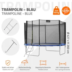 Trampolin Ø427 cm mit Sicherheitsnetz, Leiter und gepolsterten Stangen Blau bis 150kg HAUKI-ECD Germany Online