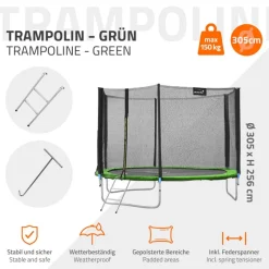 Trampolin Ø305 cm mit Sicherheitsnetz, Leiter und gepolsterten Stangen Grün bis 150kg HAUKI-ECD Germany Sale