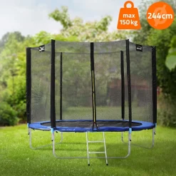 Trampolin Ø244 cm mit Sicherheitsnetz, Leiter und gepolsterten Stangen Blau bis 150kg HAUKI-ECD Germany Best