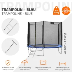 Trampolin Ø244 cm mit Sicherheitsnetz, Leiter und gepolsterten Stangen Blau bis 150kg HAUKI-ECD Germany Best
