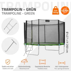 Trampolin Ø427 cm mit Sicherheitsnetz, Leiter und gepolsterten Stangen Grün bis 150kg HAUKI-ECD Germany Discount