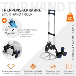 Treppensackkarre mit Treppensteiger klappbar 2x3 Rädern aus Aluminium belastbar bis 80 kg-ECD Germany Sale