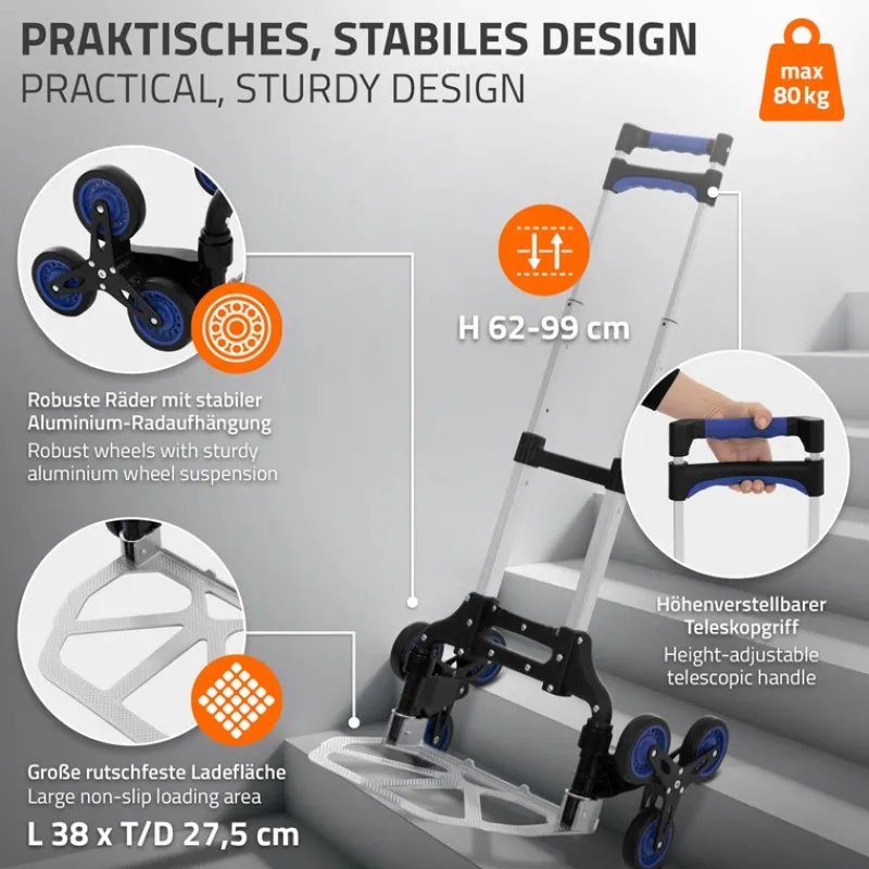 Treppensackkarre mit Treppensteiger klappbar 2x3 Rädern aus Aluminium belastbar bis 80 kg-ECD Germany Sale