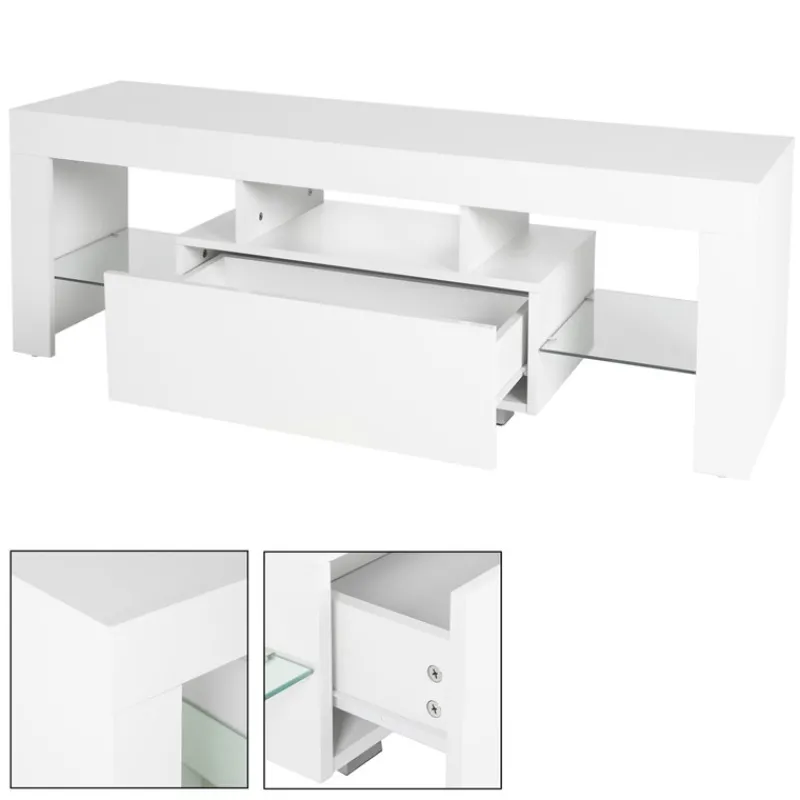 TV Lowboard mit LED-Beleuchtung 130x49x45 cm Weiß inkl. Glasregal ML-Design-ECD Germany Online