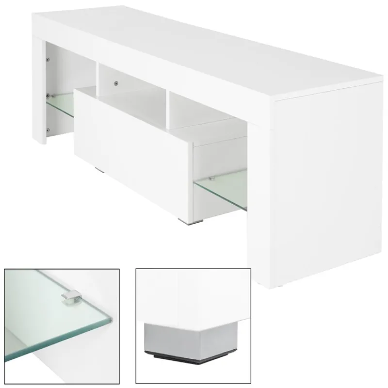TV Lowboard mit LED-Beleuchtung 130x49x45 cm Weiß inkl. Glasregal ML-Design-ECD Germany Online