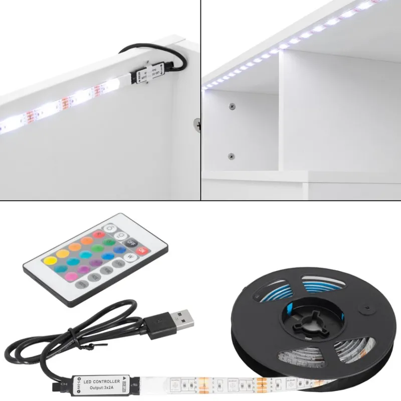 TV Lowboard mit LED-Beleuchtung 130x49x45 cm Weiß inkl. Glasregal ML-Design-ECD Germany Online