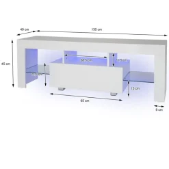 TV Lowboard mit LED-Beleuchtung 130x49x45 cm Weiß inkl. Glasregal ML-Design-ECD Germany Online