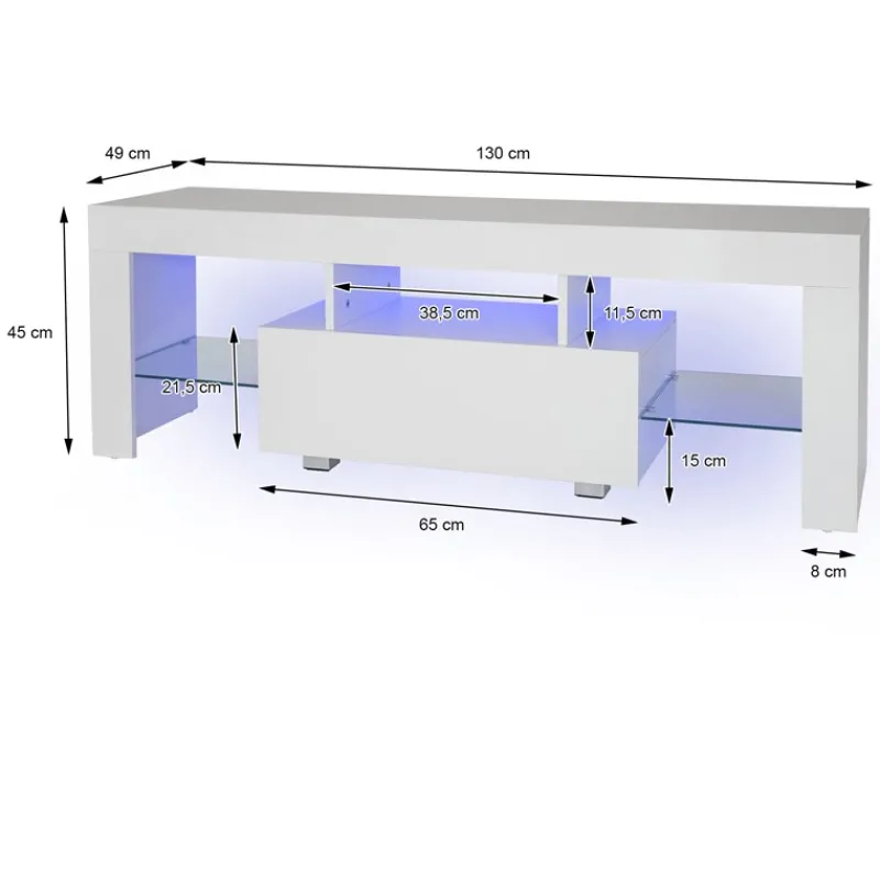 TV Lowboard mit LED-Beleuchtung 130x49x45 cm Weiß inkl. Glasregal ML-Design-ECD Germany Online
