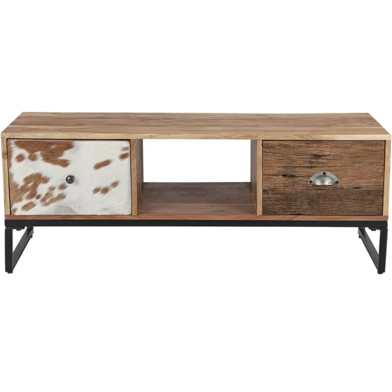 TV-Lowboard mit zwei Schubladen 110x50x40 cm aus Akazien- und Schwellenholz mit Metallbeine WOMO-Design-ECD Germany Outlet