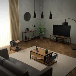 TV-Lowboard 120x40 cm mit Eiche-Rustikal Dekor und Stahlgestell in Schwarz TV Schrank mit 4 Fächern ML-Design-ECD Germany Sale