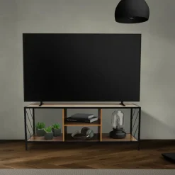 TV-Lowboard 120x40 cm mit Eiche-Rustikal Dekor und Stahlgestell in Schwarz TV Schrank mit 4 Fächern ML-Design-ECD Germany Sale