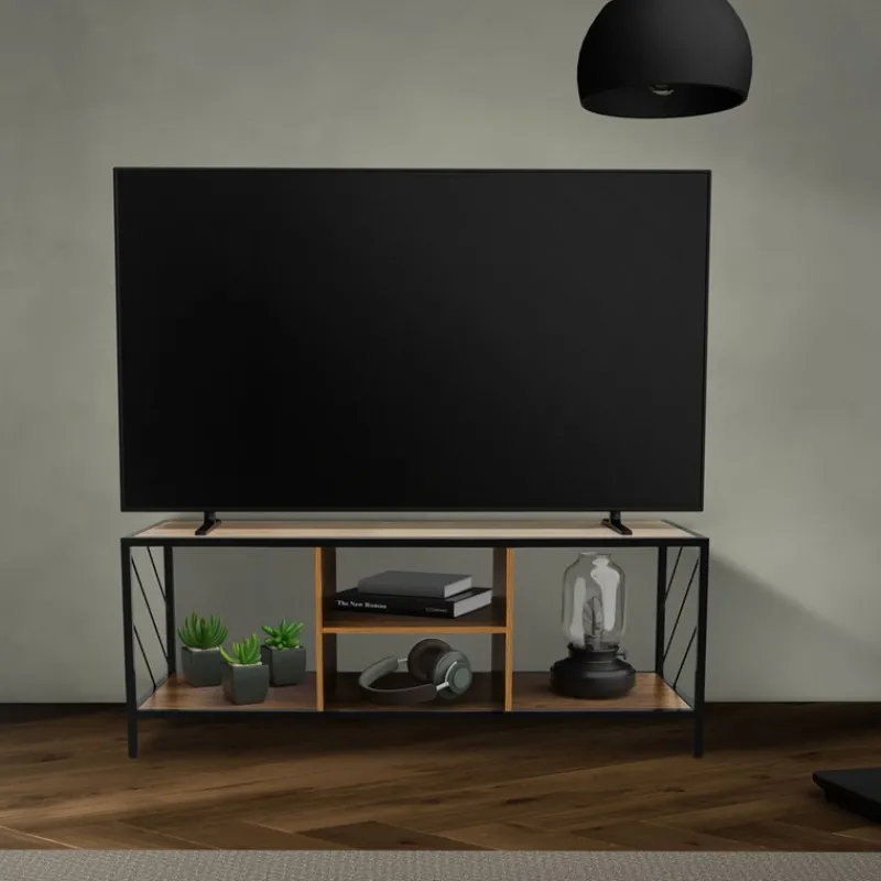 TV-Lowboard 120x40 cm mit Eiche-Rustikal Dekor und Stahlgestell in Schwarz TV Schrank mit 4 Fächern ML-Design-ECD Germany Sale