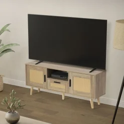 TV-Schrank Lowboard 120x50,5x30 cm Holz Eiche-Optik und Rattan Front TV-Board für Fernseher bis 55 Zoll ML-Design-ECD Germany Clearance