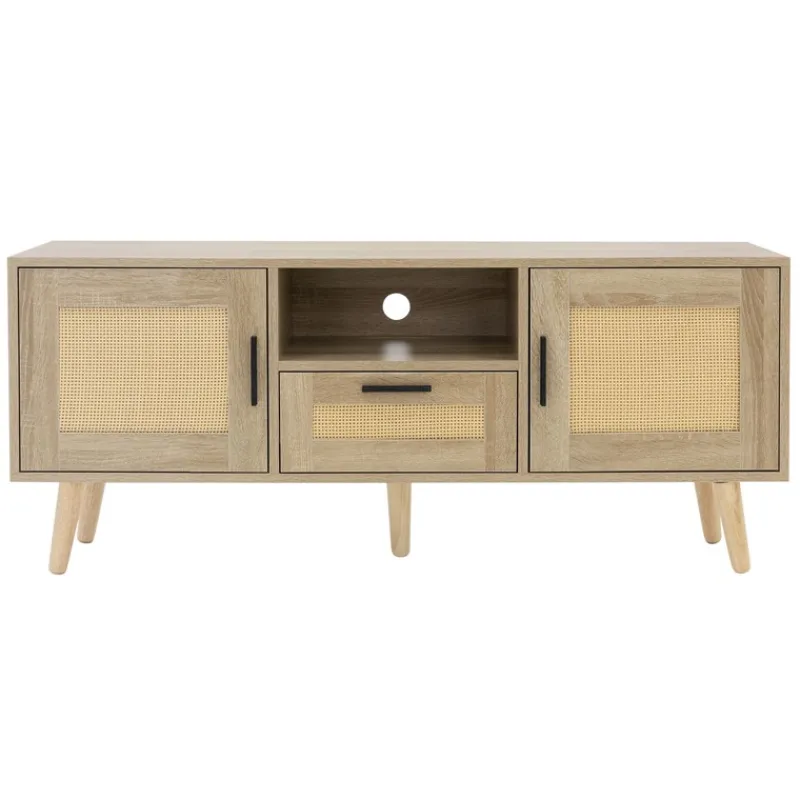 TV-Schrank Lowboard 120x50,5x30 cm Holz Eiche-Optik und Rattan Front TV-Board für Fernseher bis 55 Zoll ML-Design-ECD Germany Clearance