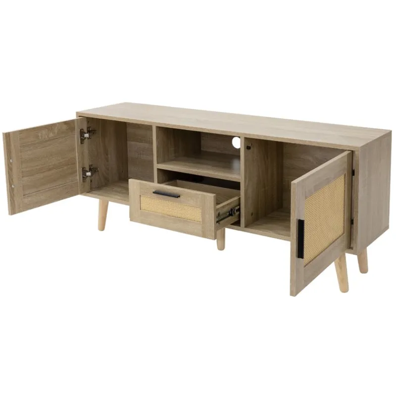 TV-Schrank Lowboard 120x50,5x30 cm Holz Eiche-Optik und Rattan Front TV-Board für Fernseher bis 55 Zoll ML-Design-ECD Germany Clearance