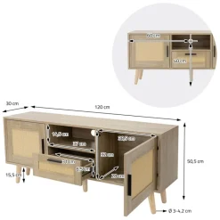 TV-Schrank Lowboard 120x50,5x30 cm Holz Eiche-Optik und Rattan Front TV-Board für Fernseher bis 55 Zoll ML-Design-ECD Germany Clearance