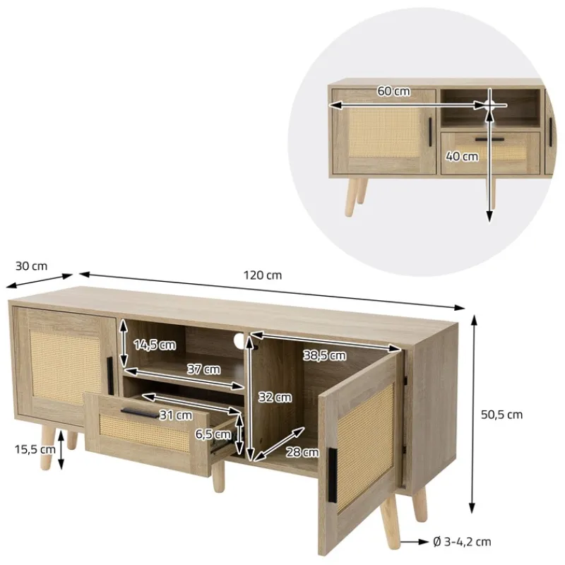 TV-Schrank Lowboard 120x50,5x30 cm Holz Eiche-Optik und Rattan Front TV-Board für Fernseher bis 55 Zoll ML-Design-ECD Germany Clearance