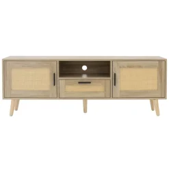 TV-Schrank Lowboard 140x50,5x30 cm Holz Eiche-Optik und Rattan Front TV-Board für Fernseher bis 65 Zoll ML-Design-ECD Germany Hot