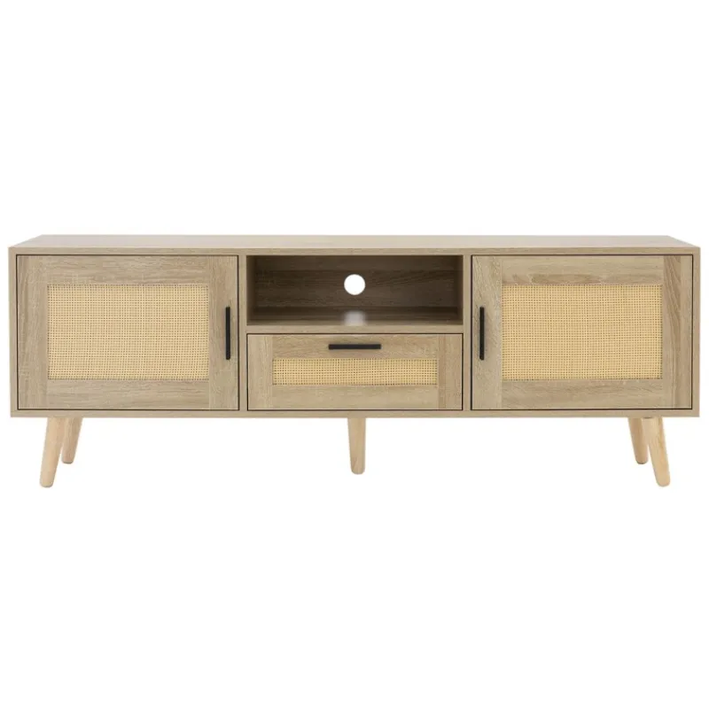 TV-Schrank Lowboard 140x50,5x30 cm Holz Eiche-Optik und Rattan Front TV-Board für Fernseher bis 65 Zoll ML-Design-ECD Germany Hot