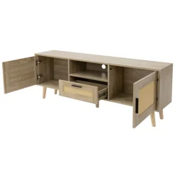 TV-Schrank Lowboard 140x50,5x30 cm Holz Eiche-Optik und Rattan Front TV-Board für Fernseher bis 65 Zoll ML-Design-ECD Germany Hot
