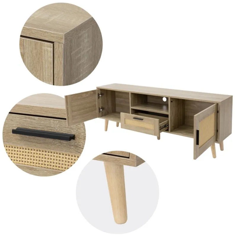 TV-Schrank Lowboard 140x50,5x30 cm Holz Eiche-Optik und Rattan Front TV-Board für Fernseher bis 65 Zoll ML-Design-ECD Germany Hot