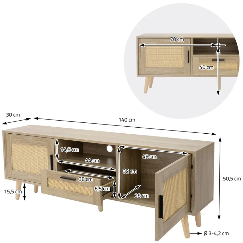 TV-Schrank Lowboard 140x50,5x30 cm Holz Eiche-Optik und Rattan Front TV-Board für Fernseher bis 65 Zoll ML-Design-ECD Germany Hot