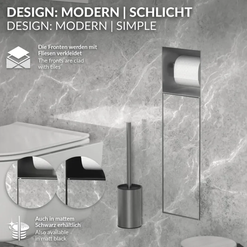 Unterputz-Schrankmodul befliesbar mit Toilettenbürste 60x20x14cm, Silber, Edelstahl WC Wandnische LuxeBath-ECD Germany Online