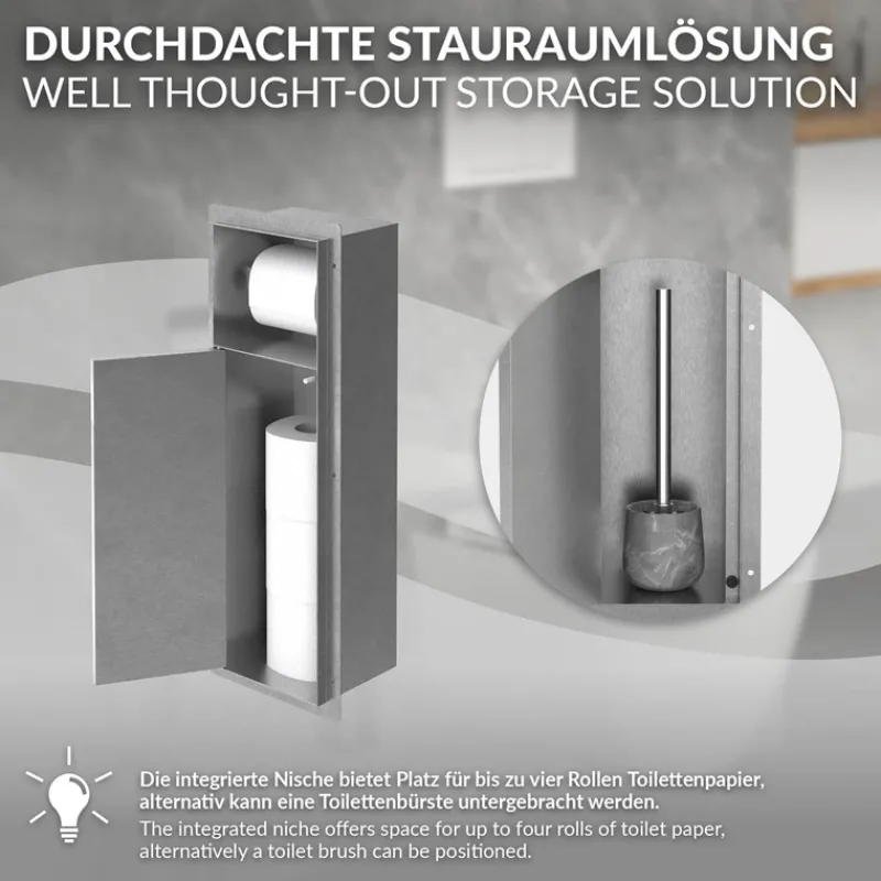 Unterputz-Schrankmodul befliesbar mit Toilettenbürste 60x20x14cm, Silber, Edelstahl WC Wandnische LuxeBath-ECD Germany Online