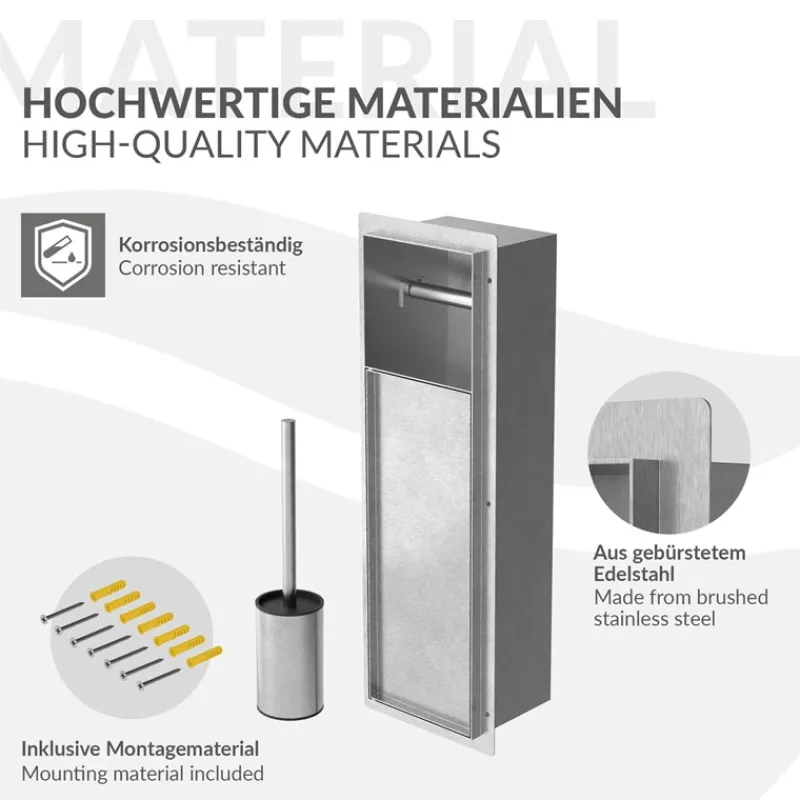 Unterputz-Schrankmodul befliesbar mit Toilettenbürste 60x20x14cm, Silber, Edelstahl WC Wandnische LuxeBath-ECD Germany Online