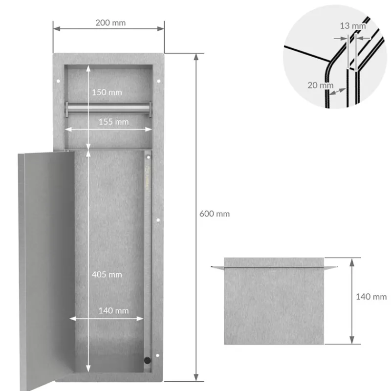 Unterputz-Schrankmodul befliesbar mit Toilettenbürste 60x20x14cm, Silber, Edelstahl WC Wandnische LuxeBath-ECD Germany Online